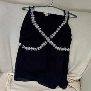 Elegant Navy Sleeveless Top with White Beaded Trim